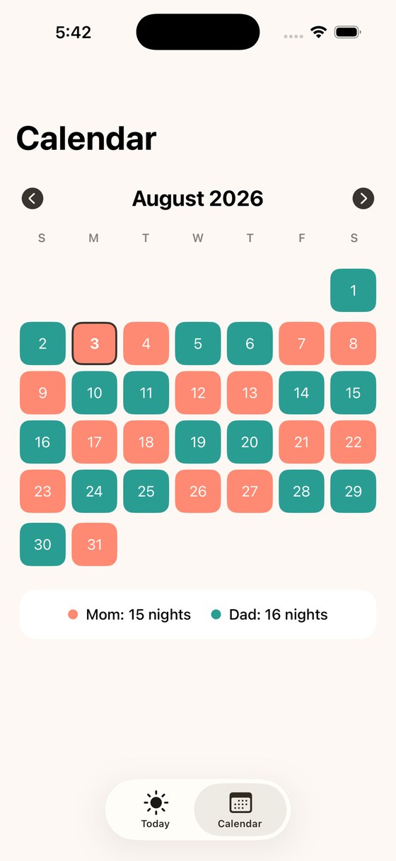 The color-coded month calendar, coral and teal by household