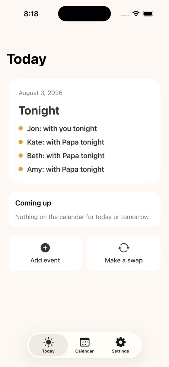 The Today screen showing different children on different schedules