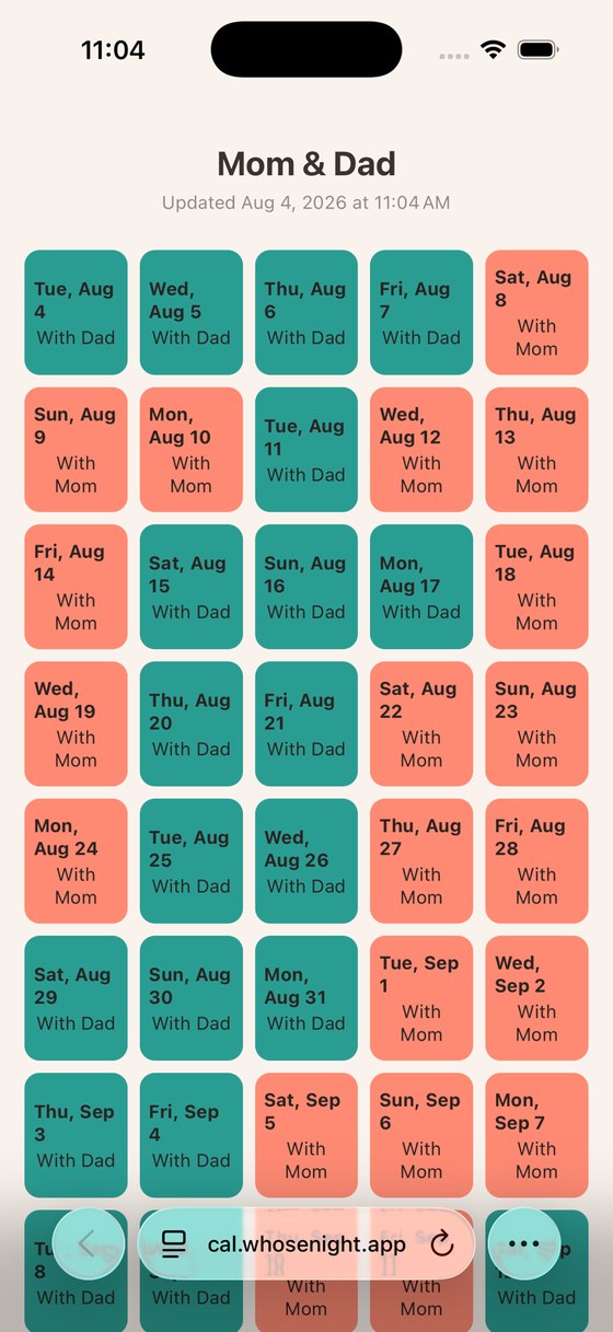 The live shared WhoseNight calendar page the other home can open in any browser