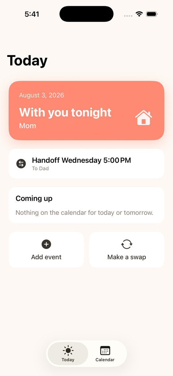 The WhoseNight Today screen showing With you tonight, Mom, and the next handoff on Wednesday at 5 PM