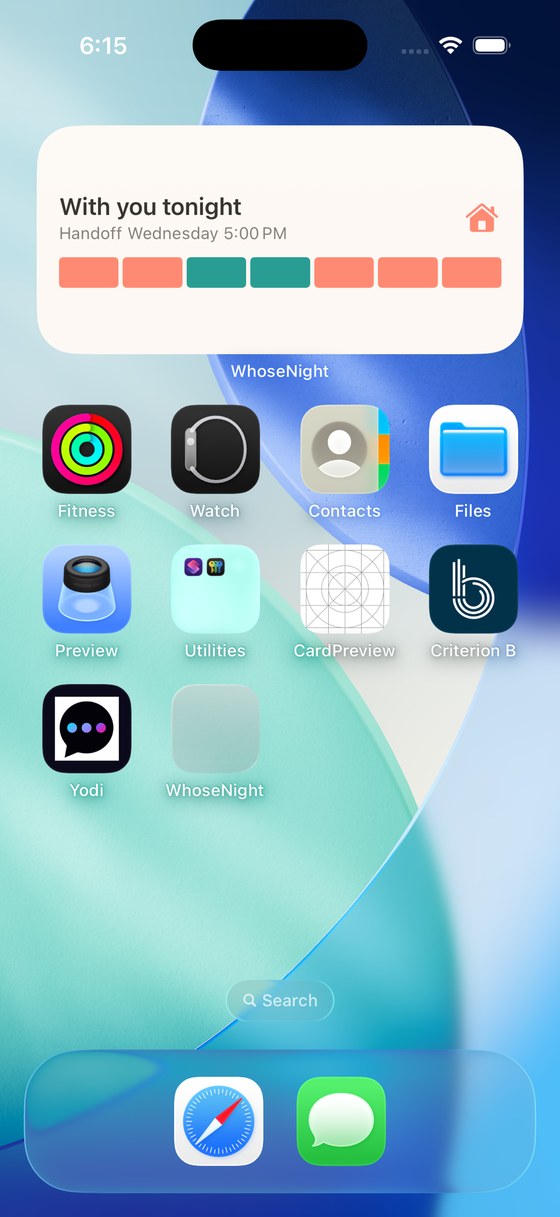 The WhoseNight widget on a phone home screen